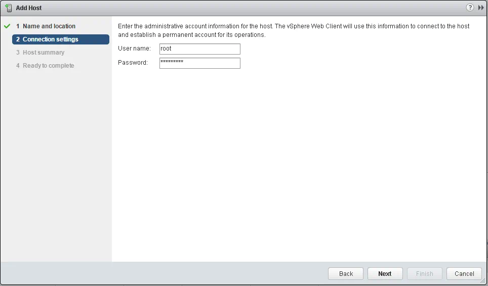 Enter administrative account information for the host