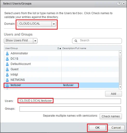VMware vSphere Web Client - Seleccionar usuario