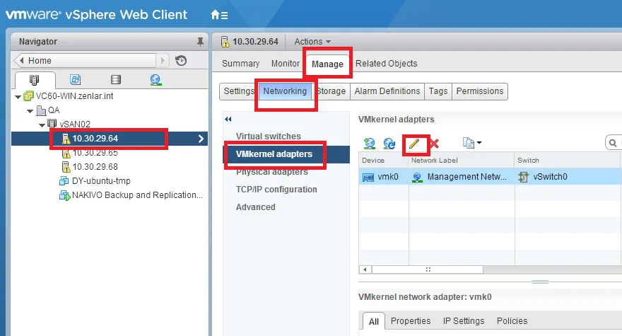 vSphere Web Client - Adaptadores VMkernel
