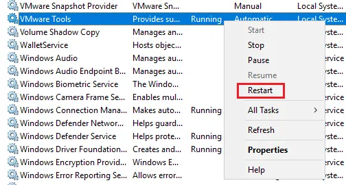 Reinicie el servicio de herramientas de VMware