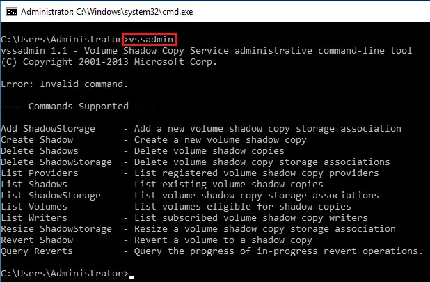 Escritor VSS: vssadmin