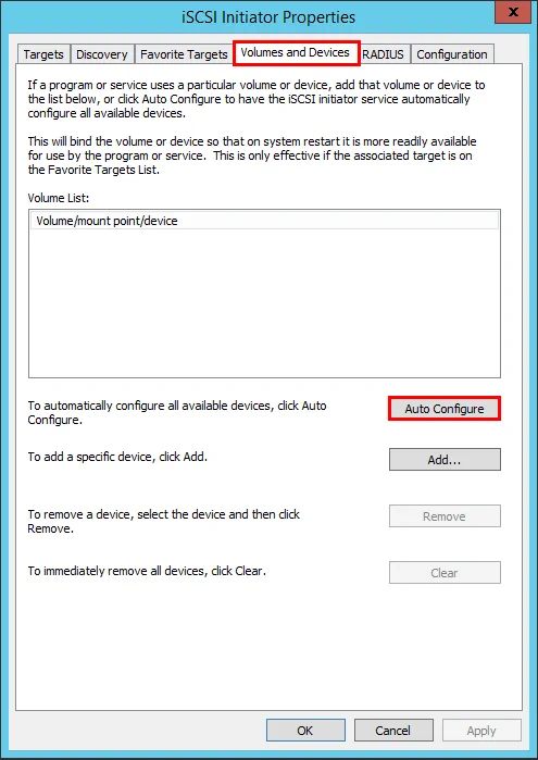 Configurar los volúmenes y dispositivos que se encuentran en el objetivo iSCSI