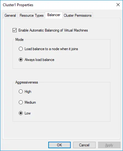 Hyper-V load balancing configuration window