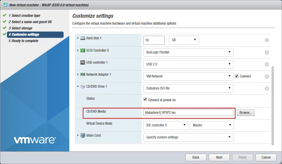 A virtual CD-DVD drive is configured to use a datastore ISO file as installation media