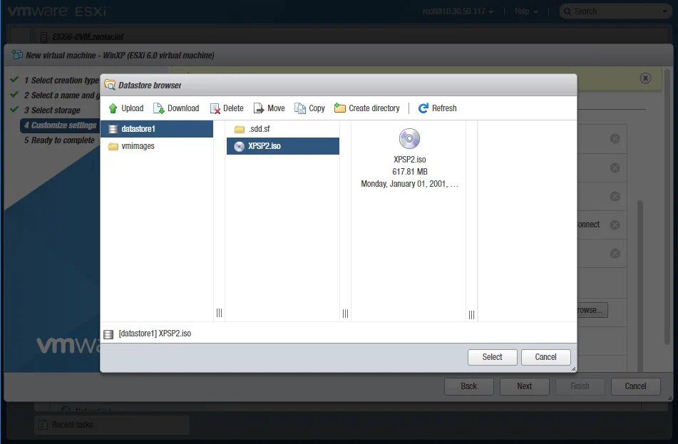 Browse and select the recently uploaded ISO file on the datastore