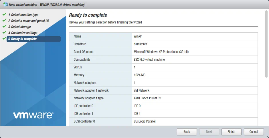 Checking the settings before finishing the new VM creation wizard