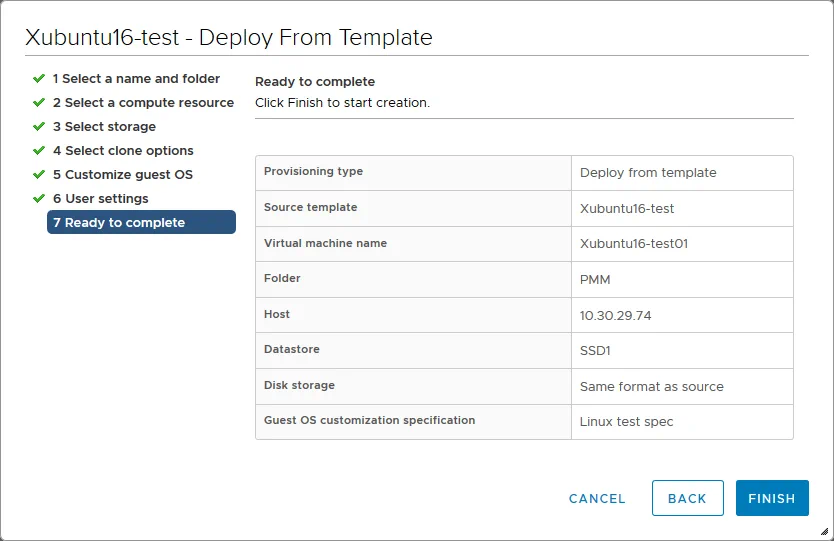 Checking the summary and finalizing deployment of a VM from a template
