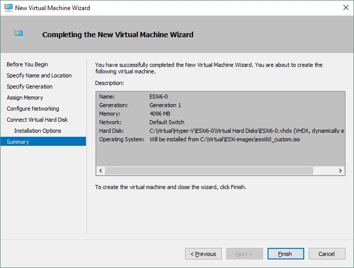 Checking the summary for a new VM creation