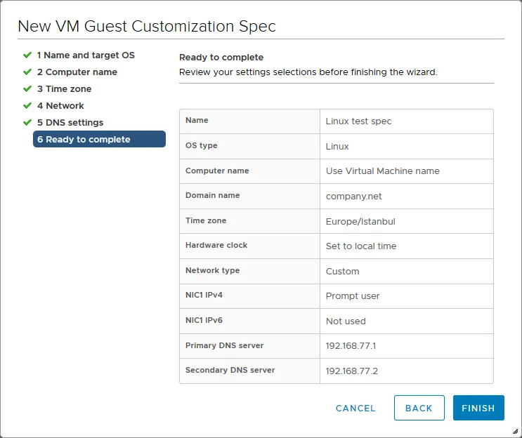 Checking the summary of settings used for a guest OS customization specification