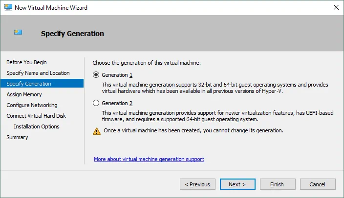 Choosing the generation for a Hyper-V VM