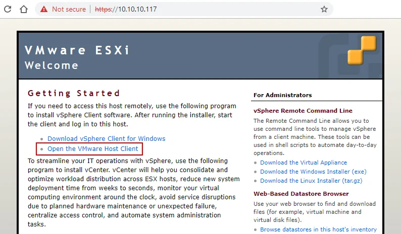 Click Open the VMware Host Client