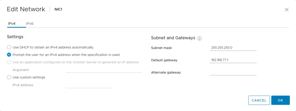 Configuring IPv4 settings for a virtual NIC.