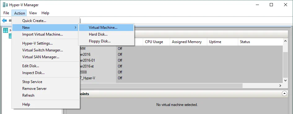 Creating a new Hyper-V virtual machine in Hyper-V Manager