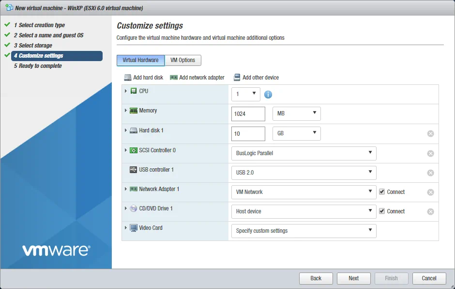 Customizing VM settings and configuring a virtual CD-DVD drive