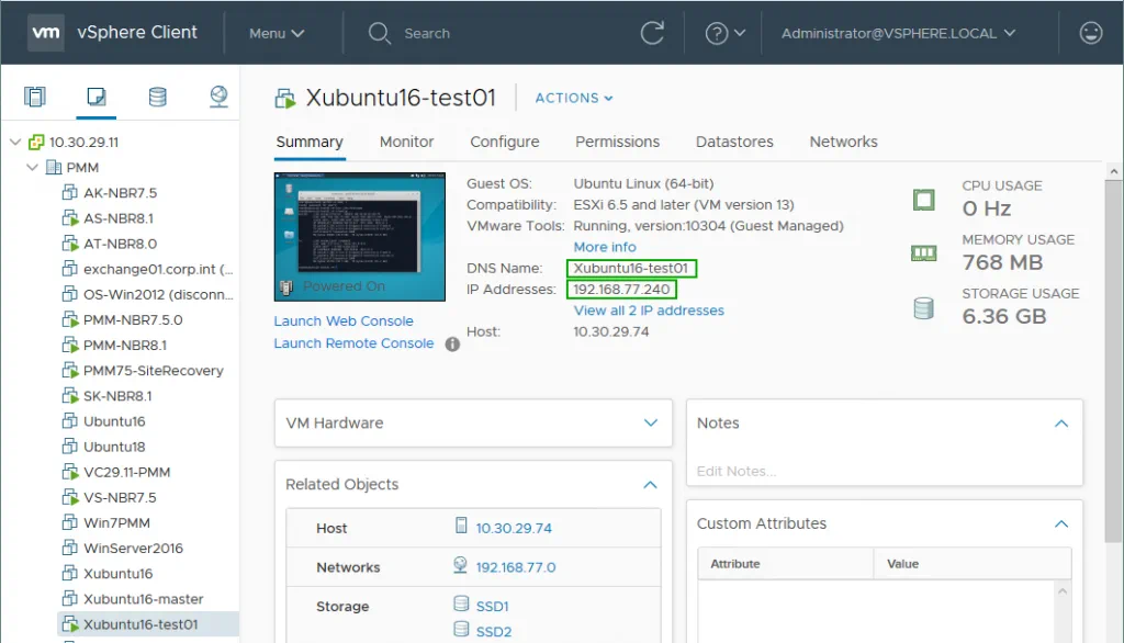 DNS name and IP addresses of the guest OS are displayed for the VM in vSphere Web Client