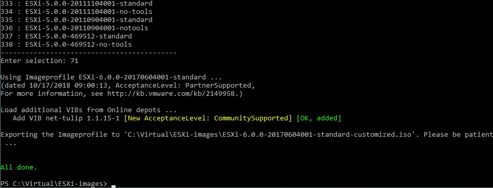 Exporting the image profile to the ISO file by using ESXi customizer script