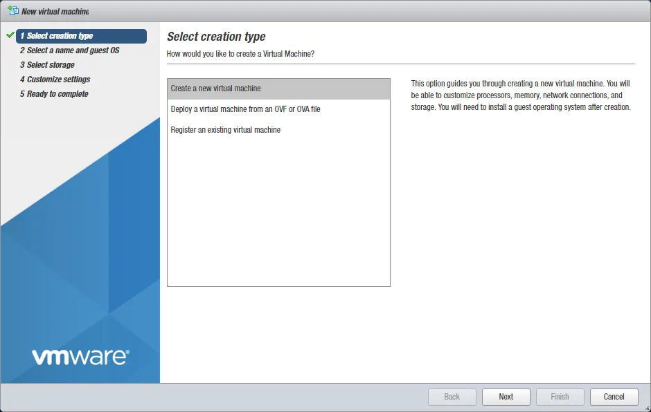 Selecting a VM creation type