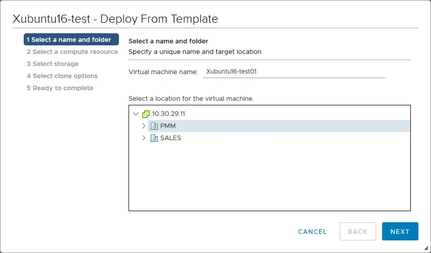 Selecting a VM name and location to store the VM