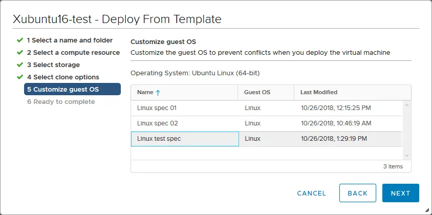 Selecting a guest OS customization specification for a VM clone