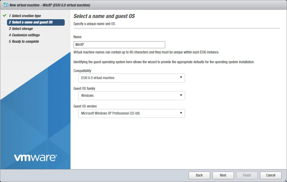 Select a name and guest OS