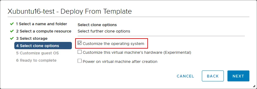 Selecting “Customize the operating system” in the VM clone options