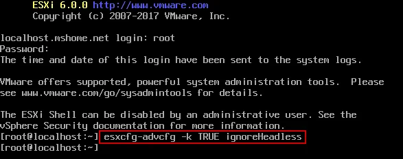 Setting ignoreHeadless=TRUE permanently for correct ESXi boot