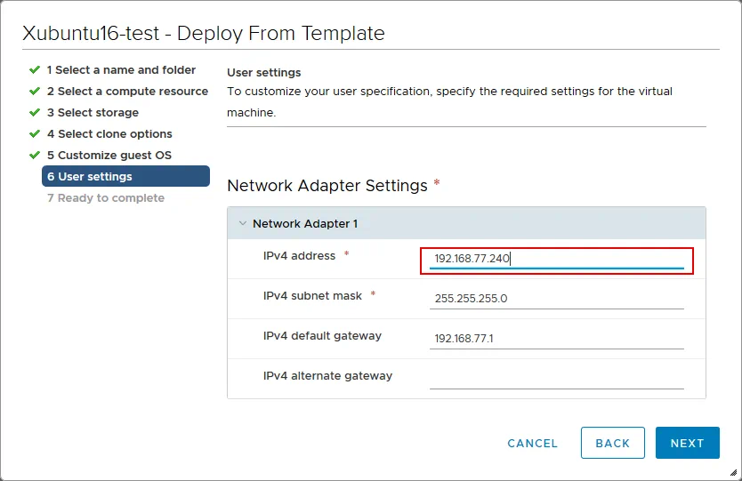 Setting the IP address for a VM clone during deployment from a VM template