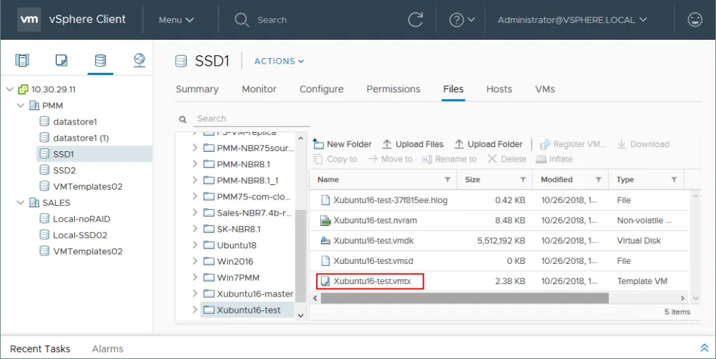Viewing VM template files on the datastore