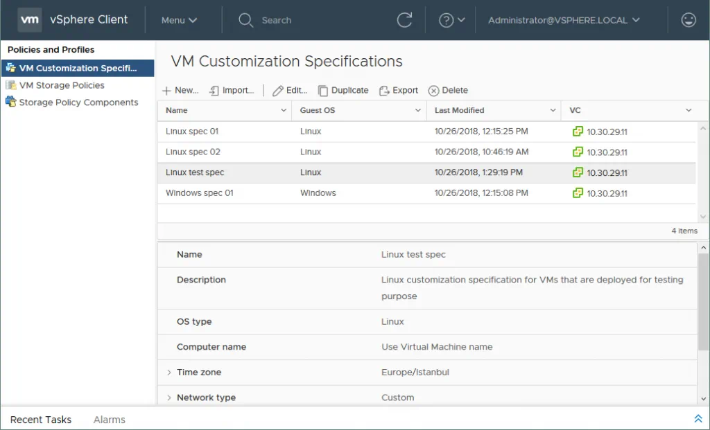 Viewing the list of VM customization specifications.