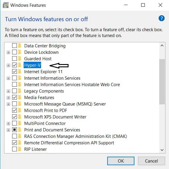 Program Features Dialog Box How to Create Hyper-V Virtual Machine on Windows 10
