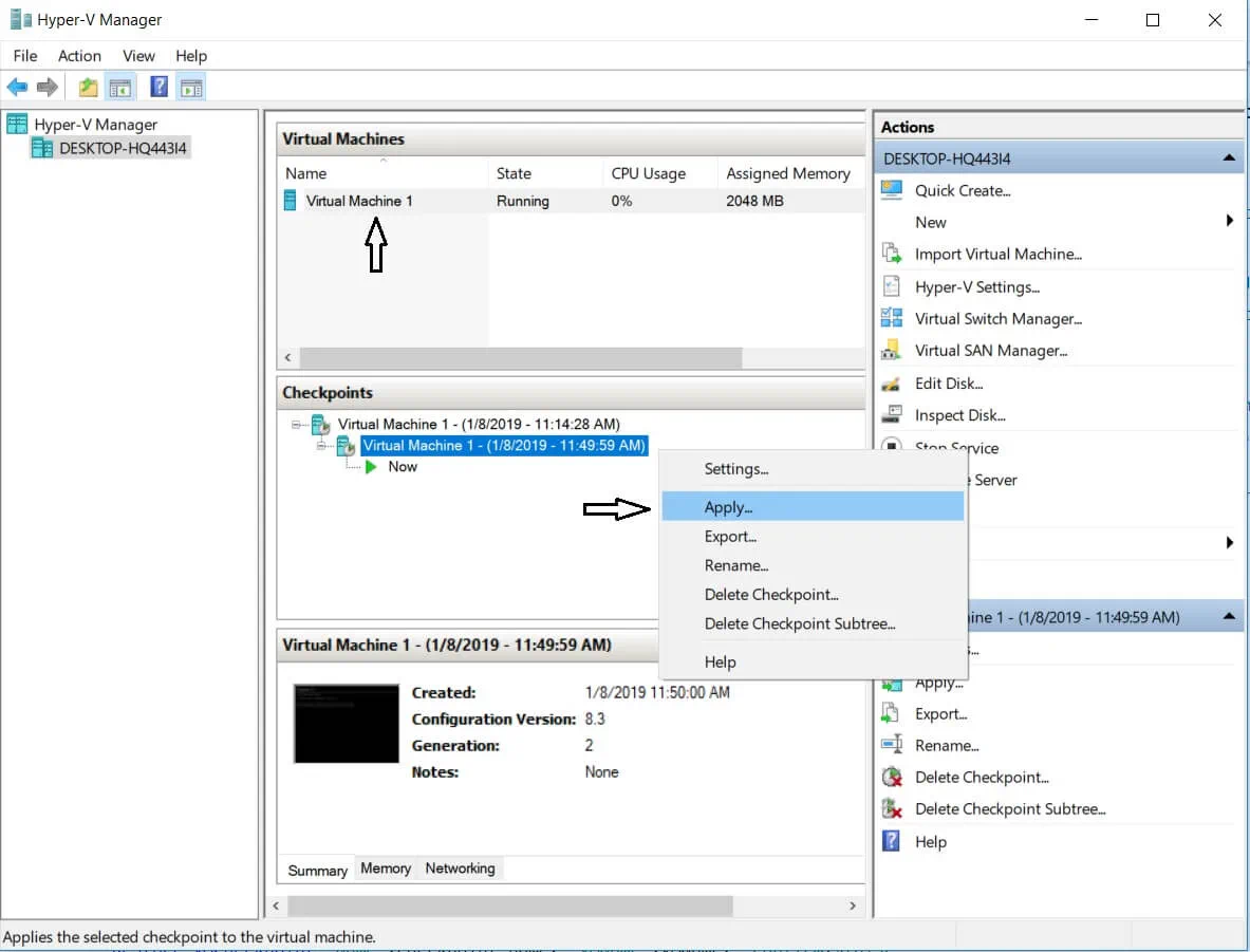 Applying Hyper-V checkpoints