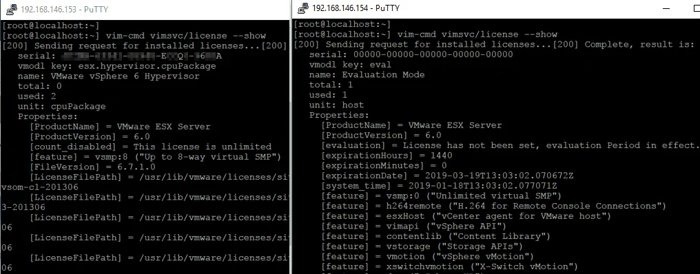 Comparación de las funciones disponibles en la consola ESXi para VMware ESXi gratuito y ESXi en modo de evaluación