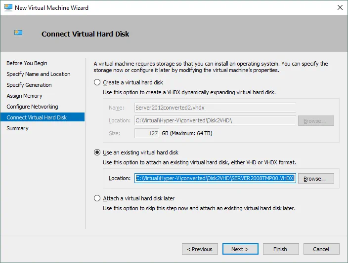 Connecting an existing virtual disk to a new VM