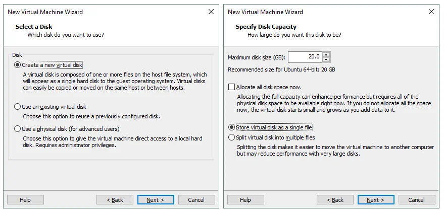 How to Install Kali Linux on VMware: Creating a new 20GB virtual disk