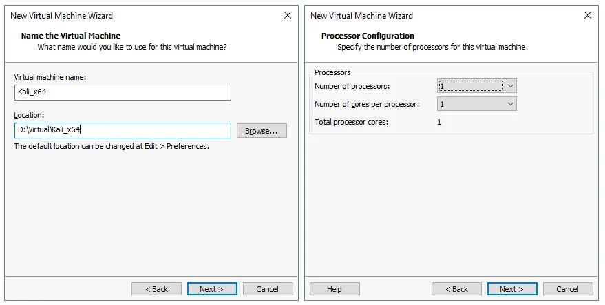 How to Install Kali Linux on VMware: Entering the VM name and defining processor configuration