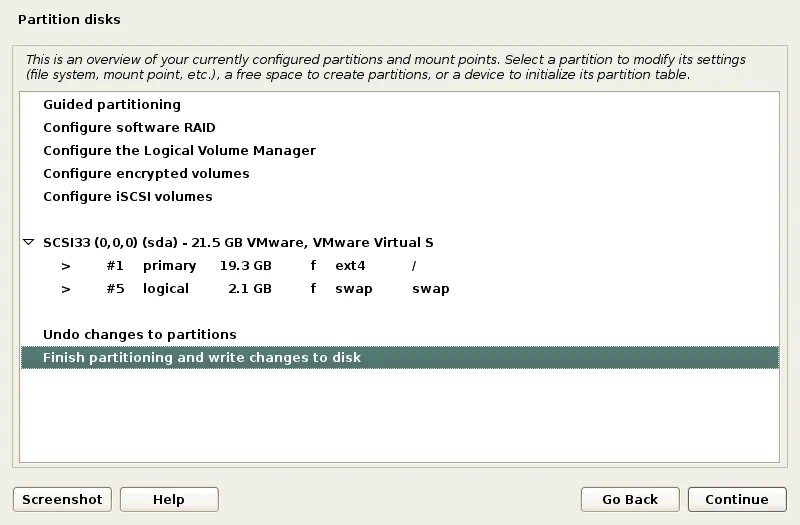 How to Install Kali Linux on VMware: Finishing partitioning