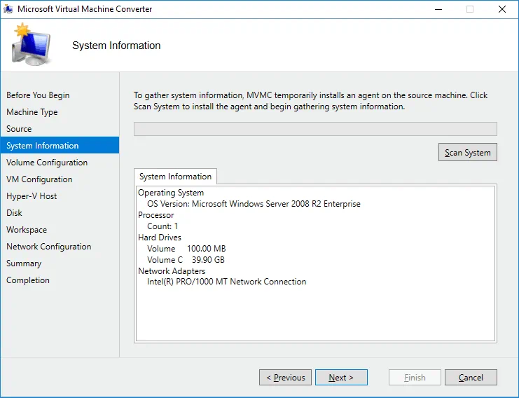 Gathering system information from the source machine