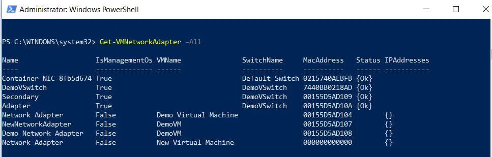 Getting all Hyper-V network adapters in PowerShell