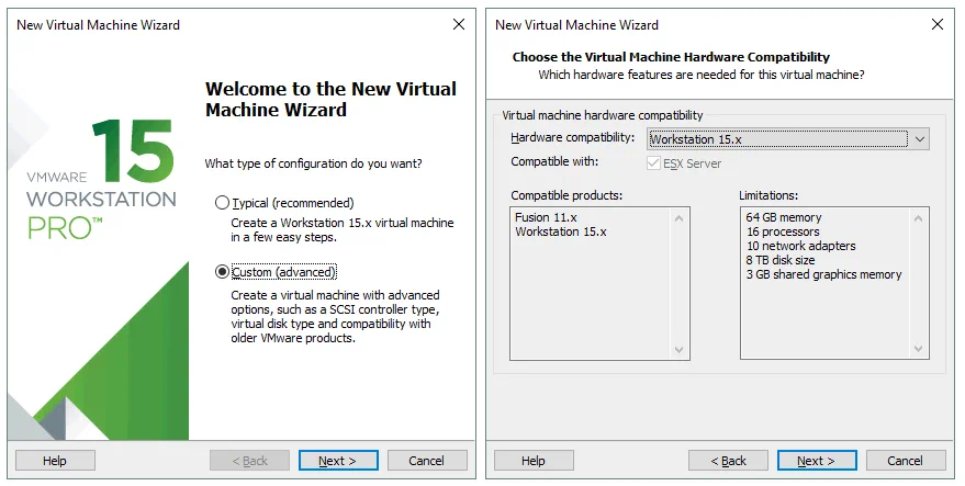 How to Install Kali Linux on VMware: Opening a new VM wizard and selecting VM hardware compatibility