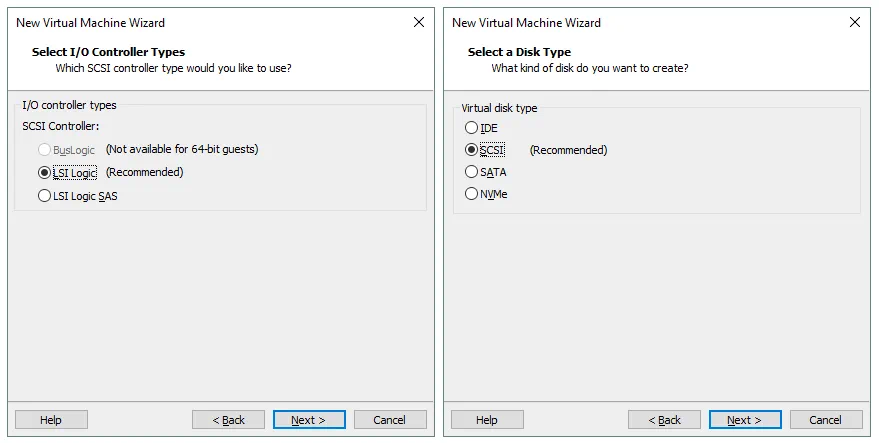 How to Install Kali Linux on VMware: Selecting a virtual disk controller type and a virtual disk type