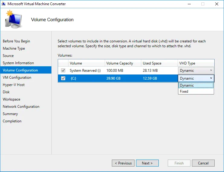 Selecting disk volumes to be converted.