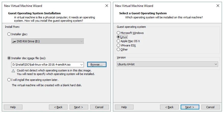 How to Install Kali Linux on VMware: Selecting the installation disk image and a guest operating system.