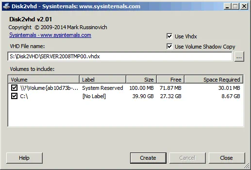 The interface of Disk2VHD