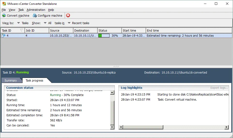 A Hyper-V VM is being converted from Hyper-V format to VMware ESXi format.