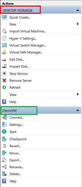 Actions in Hyper-V Manager
