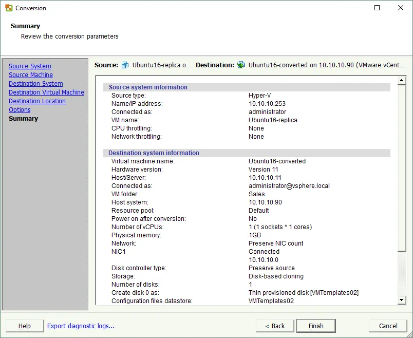Checking the summary before initiating conversion of a Hyper-V VM to a VMware VM.