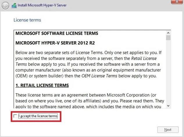How to install Hyper-V_License terms