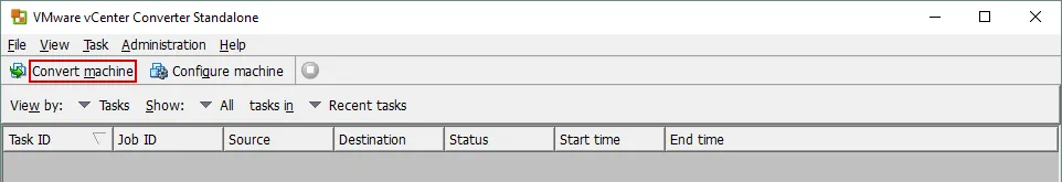 Opening VMware vCenter Converter Standalone for conversion of a machine to the VMware VM format.