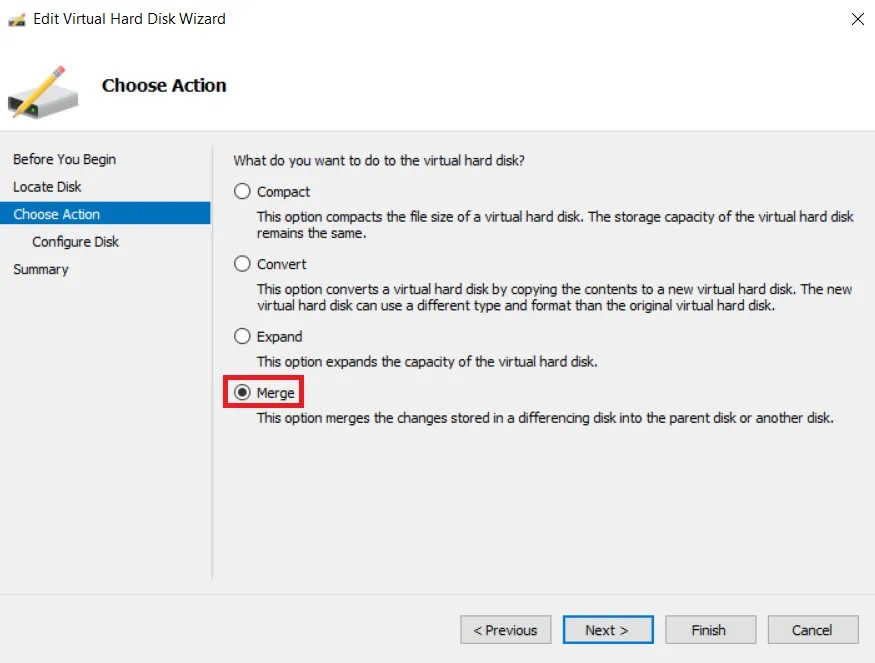Selecting the option Merge Hyper-V Snapshots