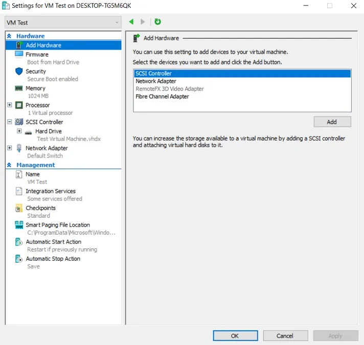 Settings for Hyper-V Manager
